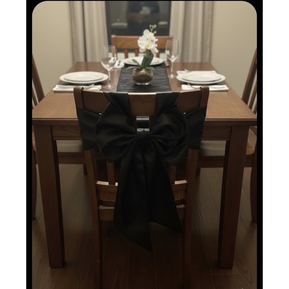 4~pc Black Satin  9" W X 104” L Wedding Party  Table Decoration Runner & Sachet